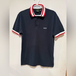 Boss Men's Polo Shirt in Dark Blue with Red and White Accents